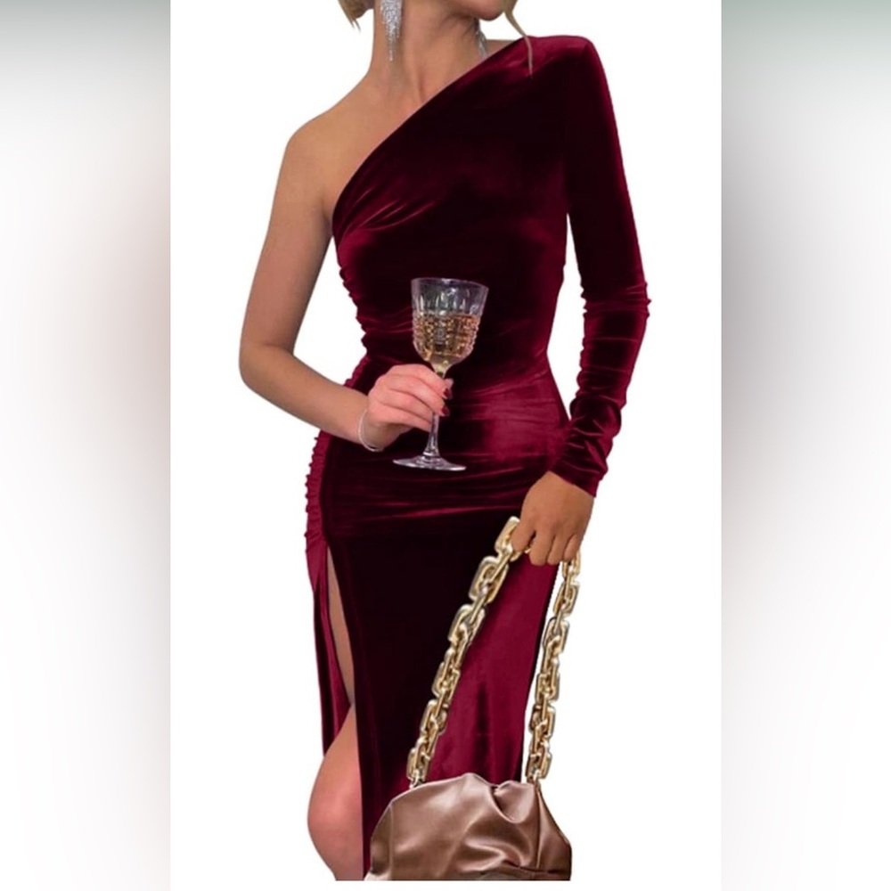 NWT Elegant One-Shoulder Burgundy Velvet Dress